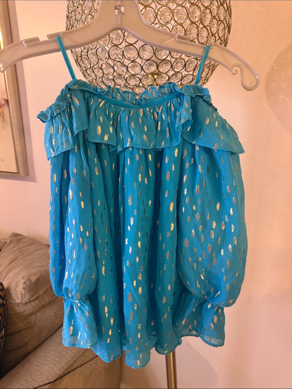 Lilly Pulitzer Turquoise Off-Shoulder Ruffle Top with Metallic Dot Accents XS - Picture 6 of 6